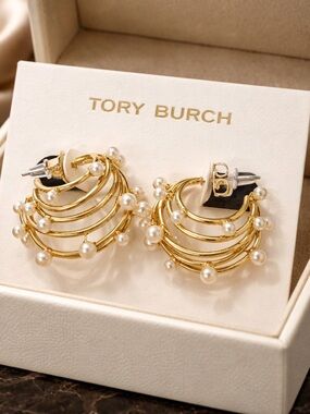 Tory Burch Gold Pearl Multi-Hoop Cluster Earrings